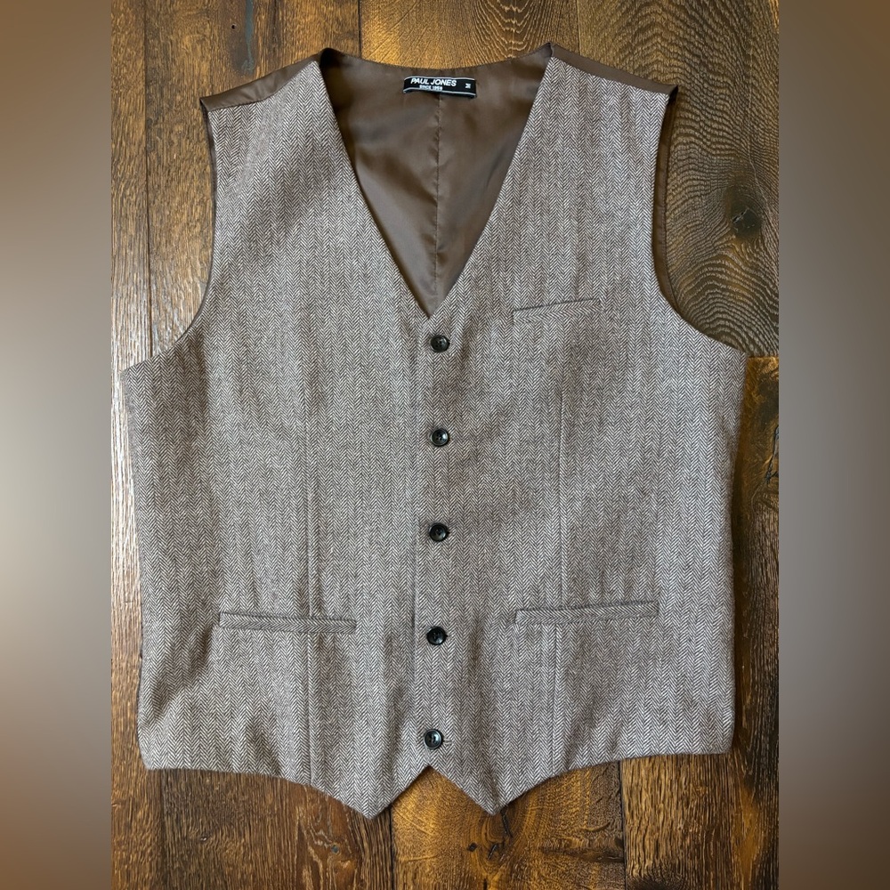 Paul Jones Since 1958 - Herringbone Wool Waistcoat Vest - M - Picture 5 of 14